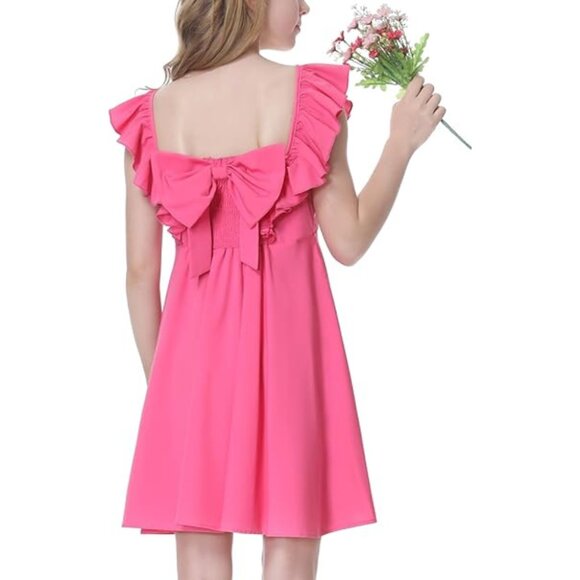 Mebius Girls 14Y Hot Pink Bow Back Square Neck Ruffle Sleeve Preppy A Line Dress - Picture 3 of 12